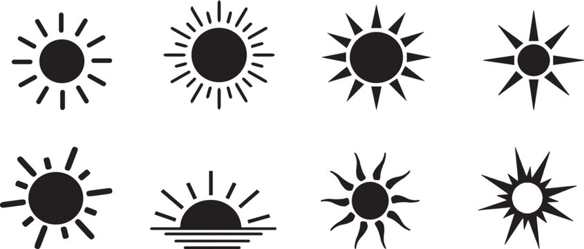 Minimalist sun icon set, 8 black solar vector symbols. Geometric sunshine silhouettes for weather apps and summer branding.