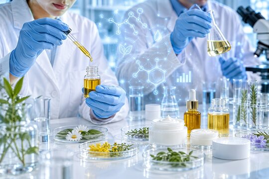 Laboratory professionals conducting skincare research with cosmetic serum, cream, and natural oil extraction.