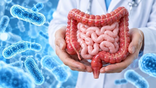 Medical education concept showing human intestines model amidst microbiome research bacteria.