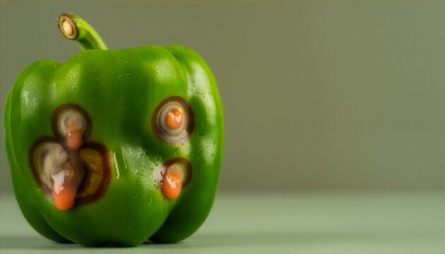 A decaying green bell pepper with anthracnose lesions oozing pink fungal spores and copy space.