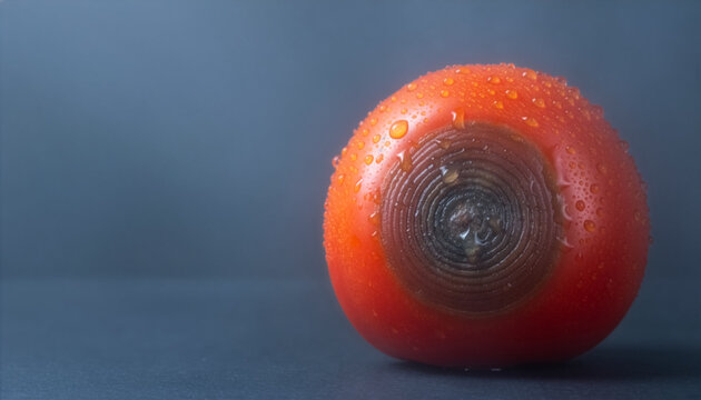 A decaying red tomato with a large circular water-soaked rot lesion and copy space.