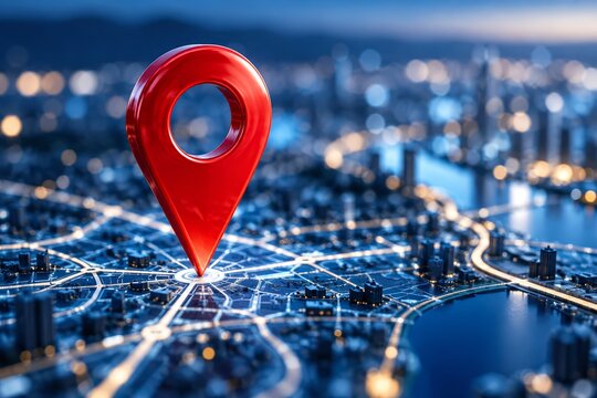 Red GPS map marker standing on a blue urban city map illustrating location services.
