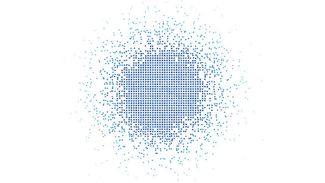 Blue fine pixel mosaic circle dissolve disintegration abstract technology background on transparent background