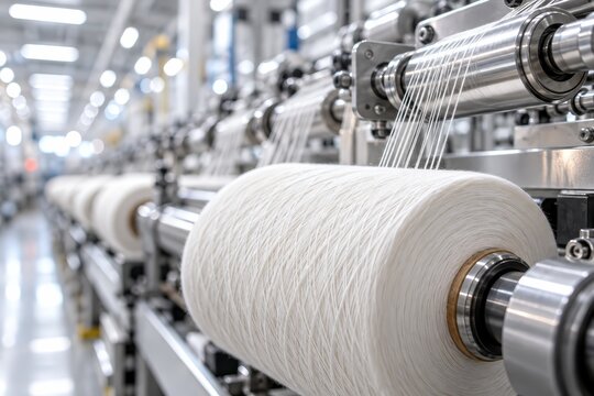 Close-up of fine cotton fibers being spun into smooth yarn on industrial machinery.