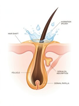 Cross section anatomy of human hair follicle with hydration splash and dermal papilla for clinical skincare education.