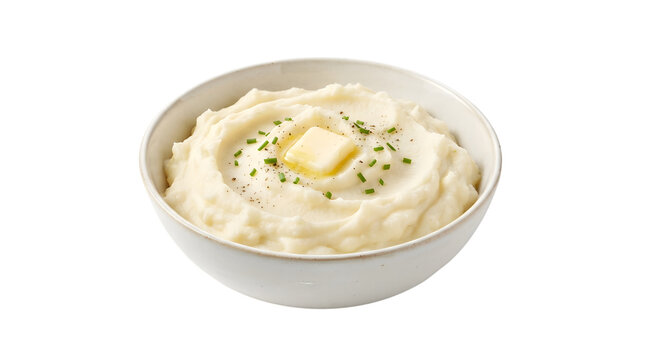 Creamy mashed potatoes in white bowl with melting butter and chives on transparent background.