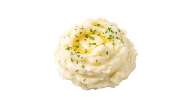 Pile of creamy mashed potatoes with melting butter and fresh herbs on transparent background.