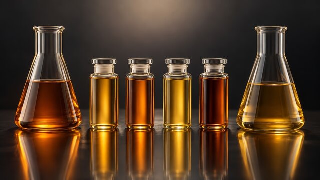 Glass flasks and vials containing liquid substances for scientific chemical research.