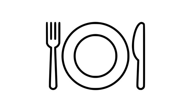 Dining plate fork and knife outline icon isolated on white