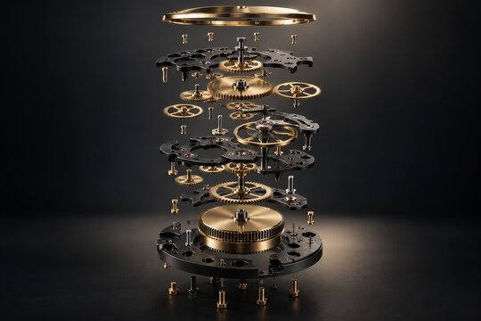 An intricate mechanism of floating gears in a deconstructed clockwork design representing precision and time.