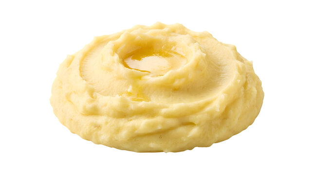 Top view of smooth mashed potatoes with butter garnish isolated on transparent background.