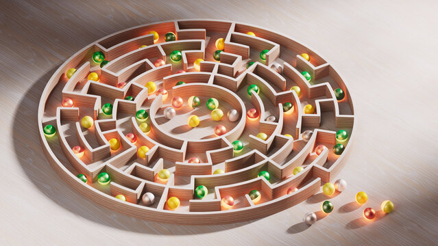 Circular Wooden Maze with Glowing Marbles