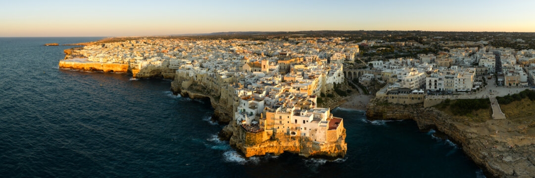 Polignano a Mare Aerial panorama Adriatic Coast Golden hour Italy