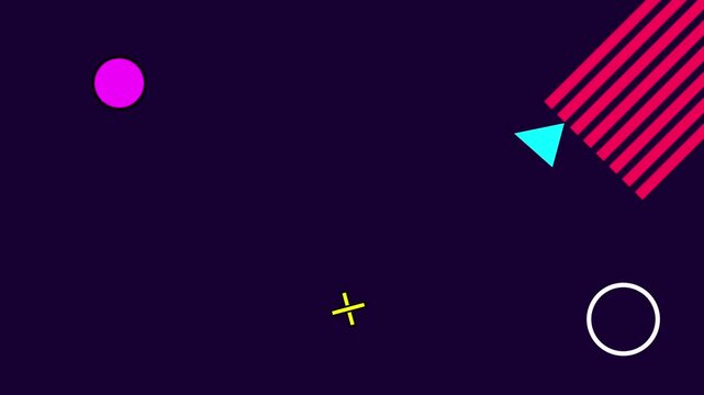 Retro memphis style abstract shapes with stripes and circles animation on dark purple background