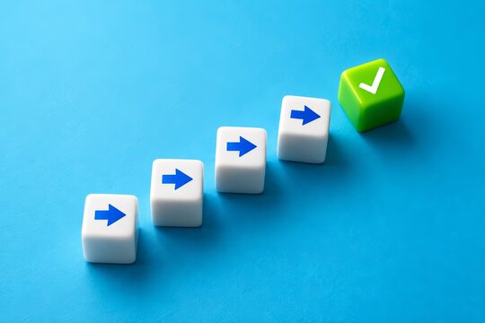 Successfully completing a mission and reaching a checkpoint represented by cubes on a blue background.