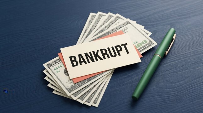 Bankruptcy concept with dollars and pen on dark blue background