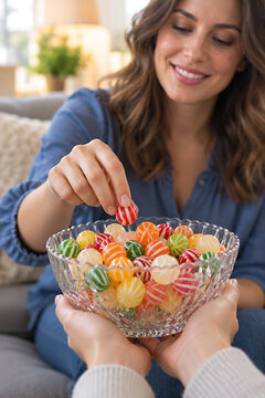 Woman reaching for a colorful hard candy from a glass bowl indoors