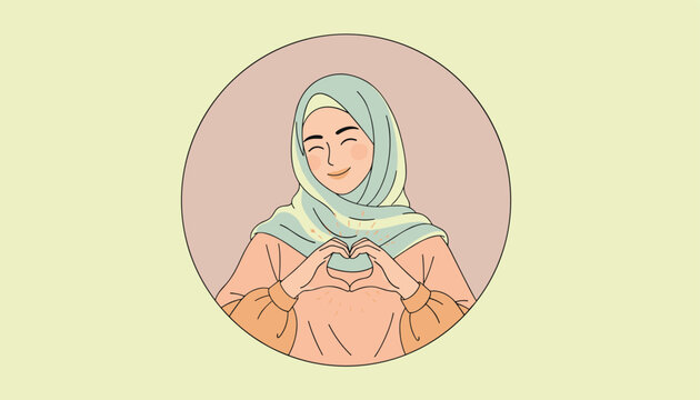 Lovely young Muslim woman wearing a hijab and making a heart shape with her hands inside a circular frame.
