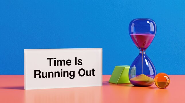 Urgency concept with hourglass and warning sign on colorful background