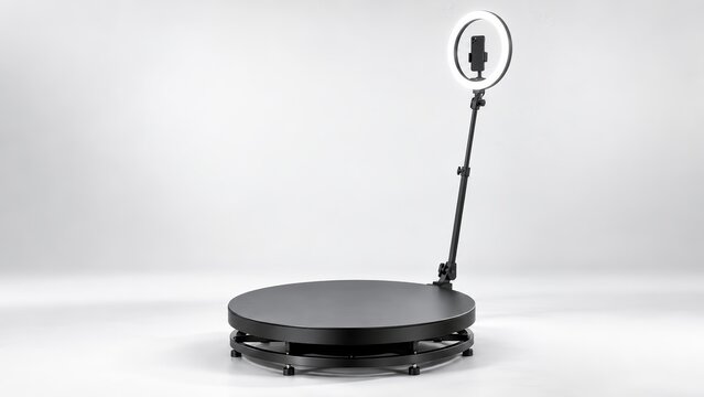 A professional 360 video booth with a rotating platform and ring light.