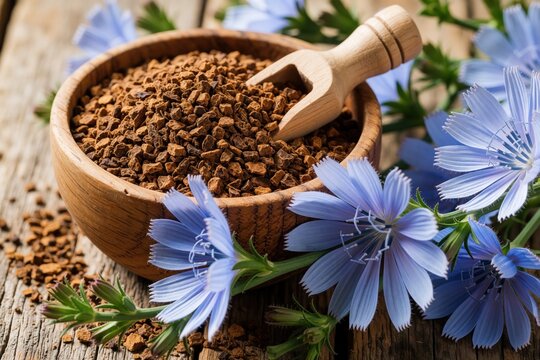 Wooden bowl holds dried chicory root granules with a scoop. Blue chicory flowers rest on a rustic wood surface, suggesting natural healthy beverages.
