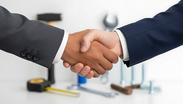 Businessmen shaking hands, finalizing a partnership amidst various industrial tools