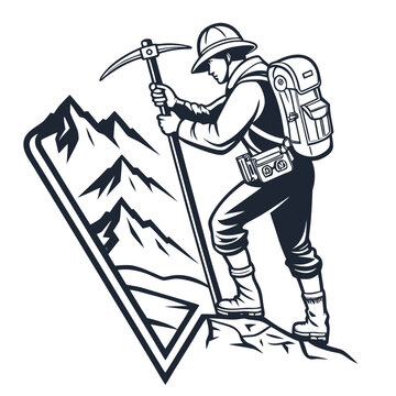 Black and white line of a miner with a backpack and pickaxe standing on a rocky mountain peak, monochrome