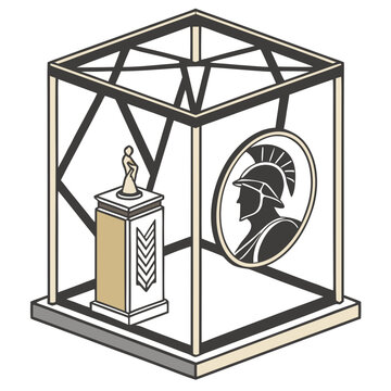 Black and white of a trophy statue and a roman helmet emblem displayed inside a geometric glass display case on a white background