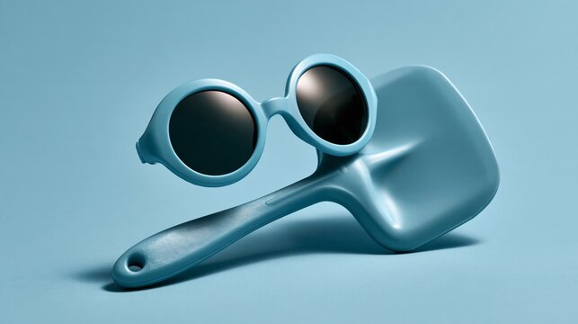 Car ice scraper wearing tiny sunglasses, looking cool and ready for action, pastel blue wall, copy space