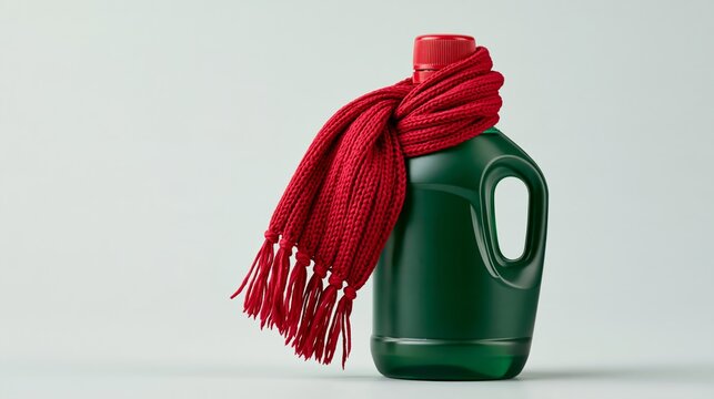 Bottle of antifreeze wearing tiny red scarf, looking cozy and ready for the cold, bright white wall, copy space