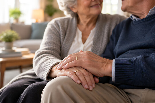 Elderly couple holding hands displays affection and companionship in a living room setting