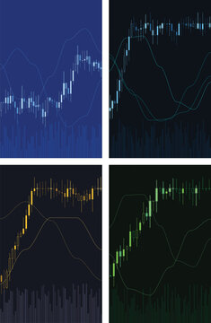 Four quadrant financial trading charts with candlestick patterns, trend lines and volume bars