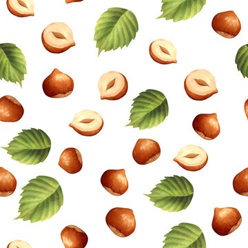 Hand-drawn hazelnut and green leaf seamless pattern on white