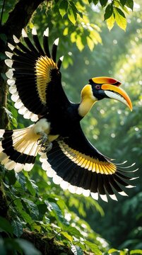Great hornbill bird flies through rich green jungle foliage, its colorful wings spread wide. This majestic creature with a large yellow bill soars freely among tropical trees, a symbol of wild nature.
