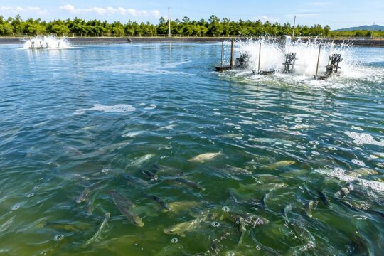 Healthy farmed silver carp swimming in aerated greenish-blue water with oxygenation system, sustainable aquaculture fish farm