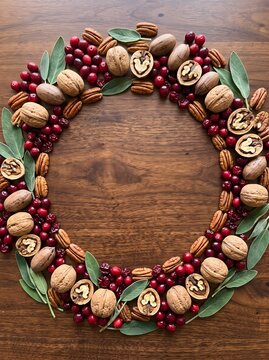Festive wreath of nuts and berries with dark wood background