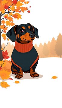 Autumn dachshund dog in sweater vector illustration for fall season pet graphics and Thanksgiving designs, warm, pet