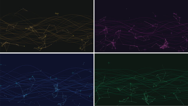 Four quadrants of abstract network connections, featuring wavy lines and geometric nodes in colors