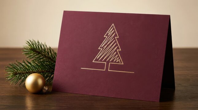Elegant burgundy greeting card with gold foil christmas tree sits on dark wooden surface.
