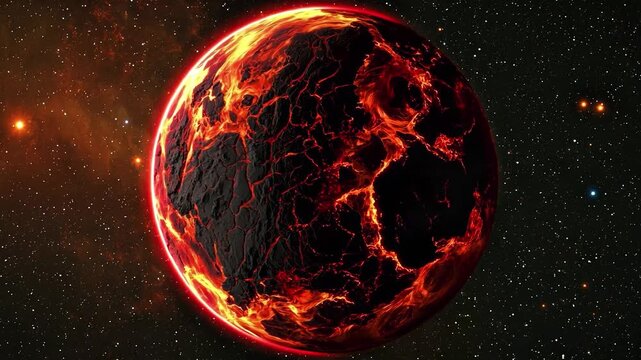 A spectacular molten planet with bright lava-like cracks and intense volcanic textures glowing against dark space. 4K Video.