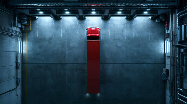 Red Cargo Truck at Warehouse Loading Dock Aerial View