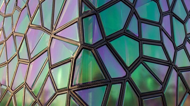 Futuristic Geometric Architectural Facade with Iridescent Glass Panels