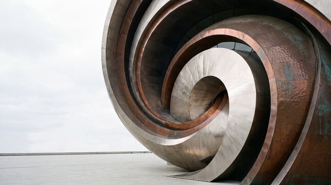 Futuristic Spiral Sculpture in Modern Architectural Plaza