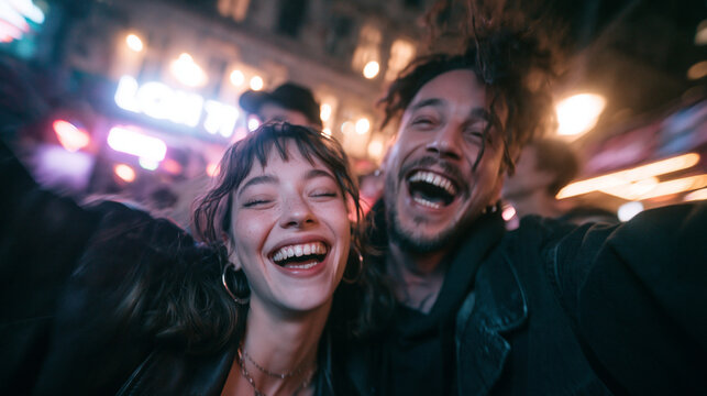 Joyful Young Couple Laughing Together During Night Out