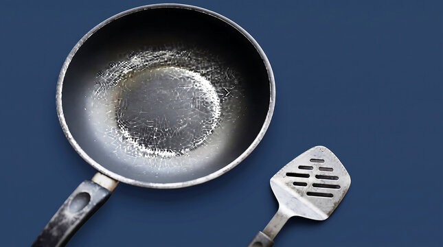 Damaged teflon frying pan with scratched nonstick coating
