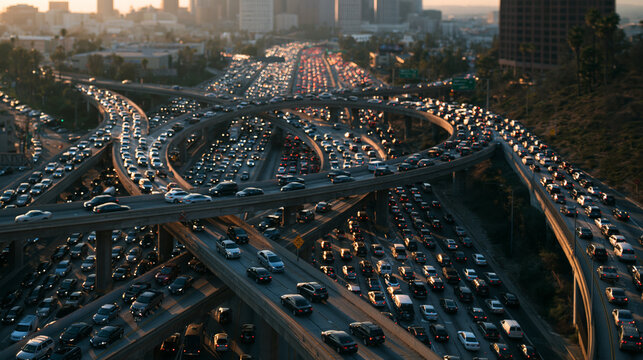 Heavy Traffic Jam on Busy City Highway Interchange