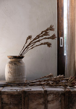 Wooden vase textured still life interior design background