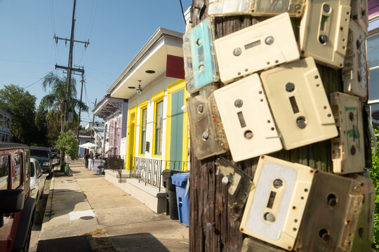 Vintage cassette tapes attached to pole New Orleans