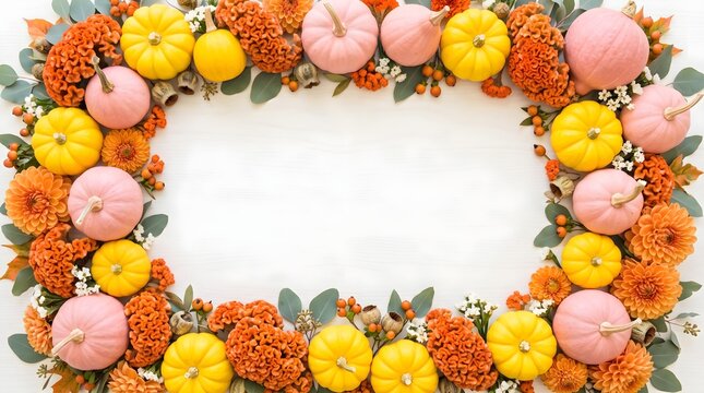 Autumn floral frame with pumpkins and berries