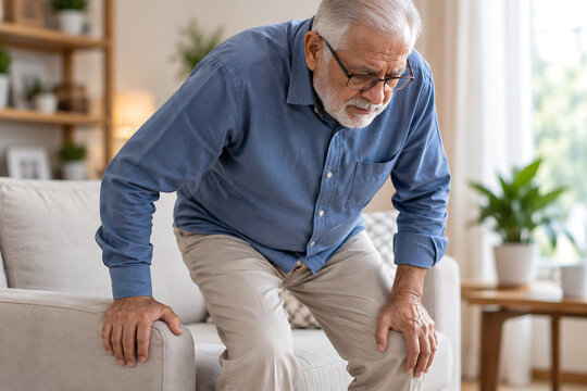 Elderly man experiencing knee pain while attempting to rise from a sofa